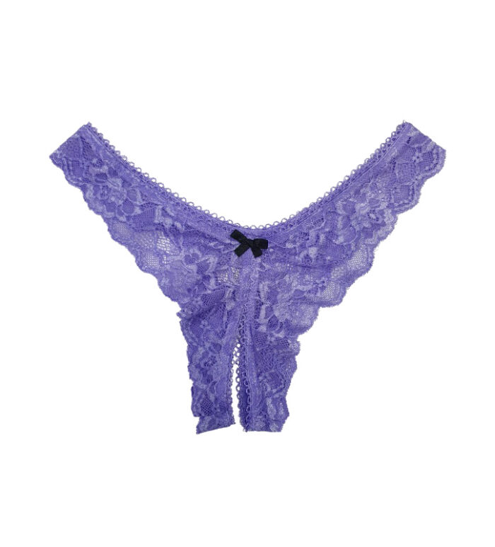 Tanga de encaje lila con abertura